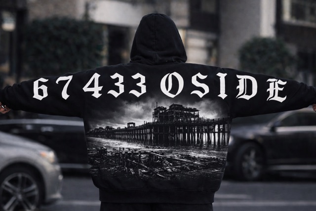 A 67433 OSIDE hoodie showing the Oceanside pier